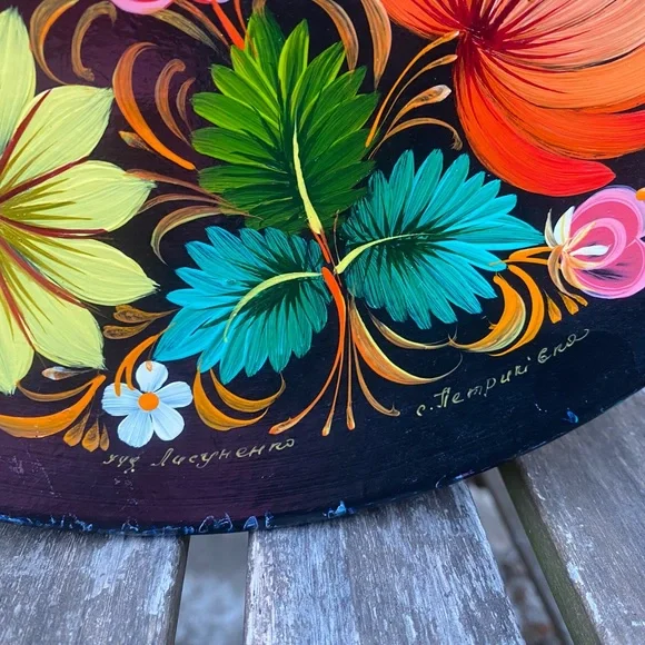 Hand Painted Ukrainian Folk Art Wooden Plate Wall Hanging - Picture 2 of 3